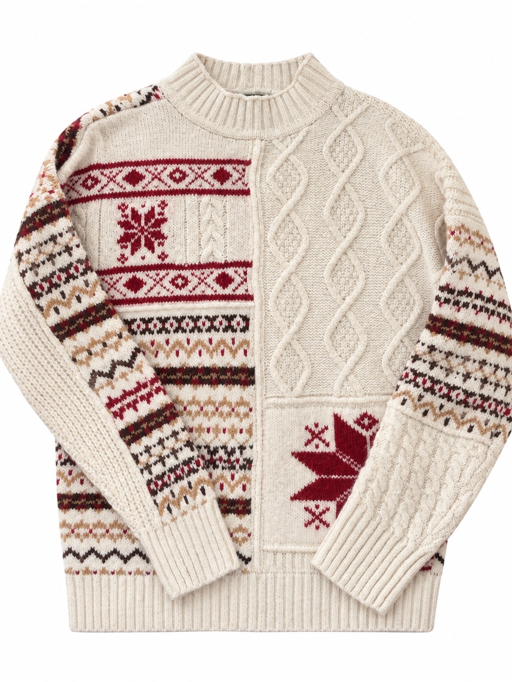 American Eagle Outfitters Cream Cable-Knit Fair Isle Sweater with Red Accents